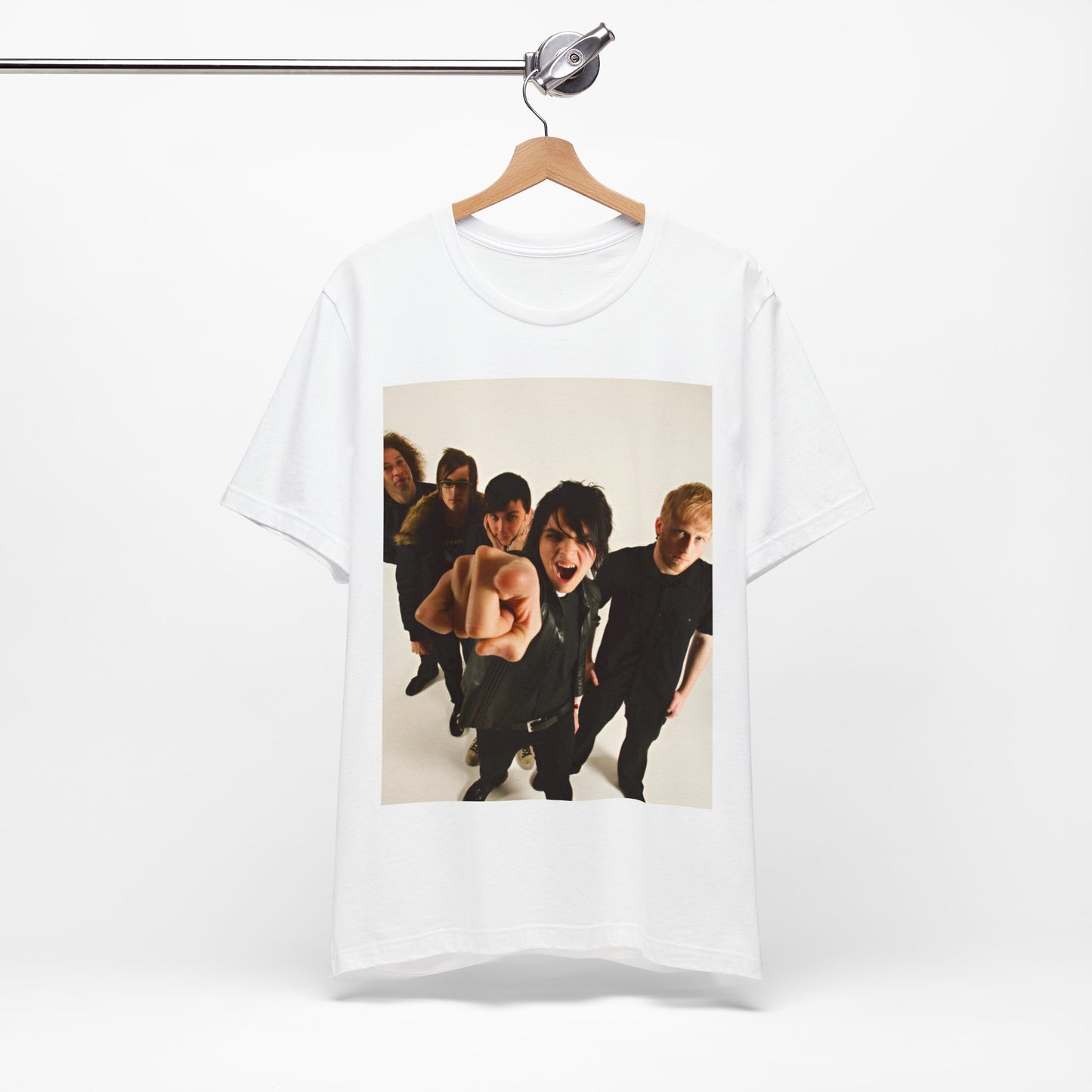 A black graphic t-shirt featuring a retro rock graphic of My Chemical Romance.
