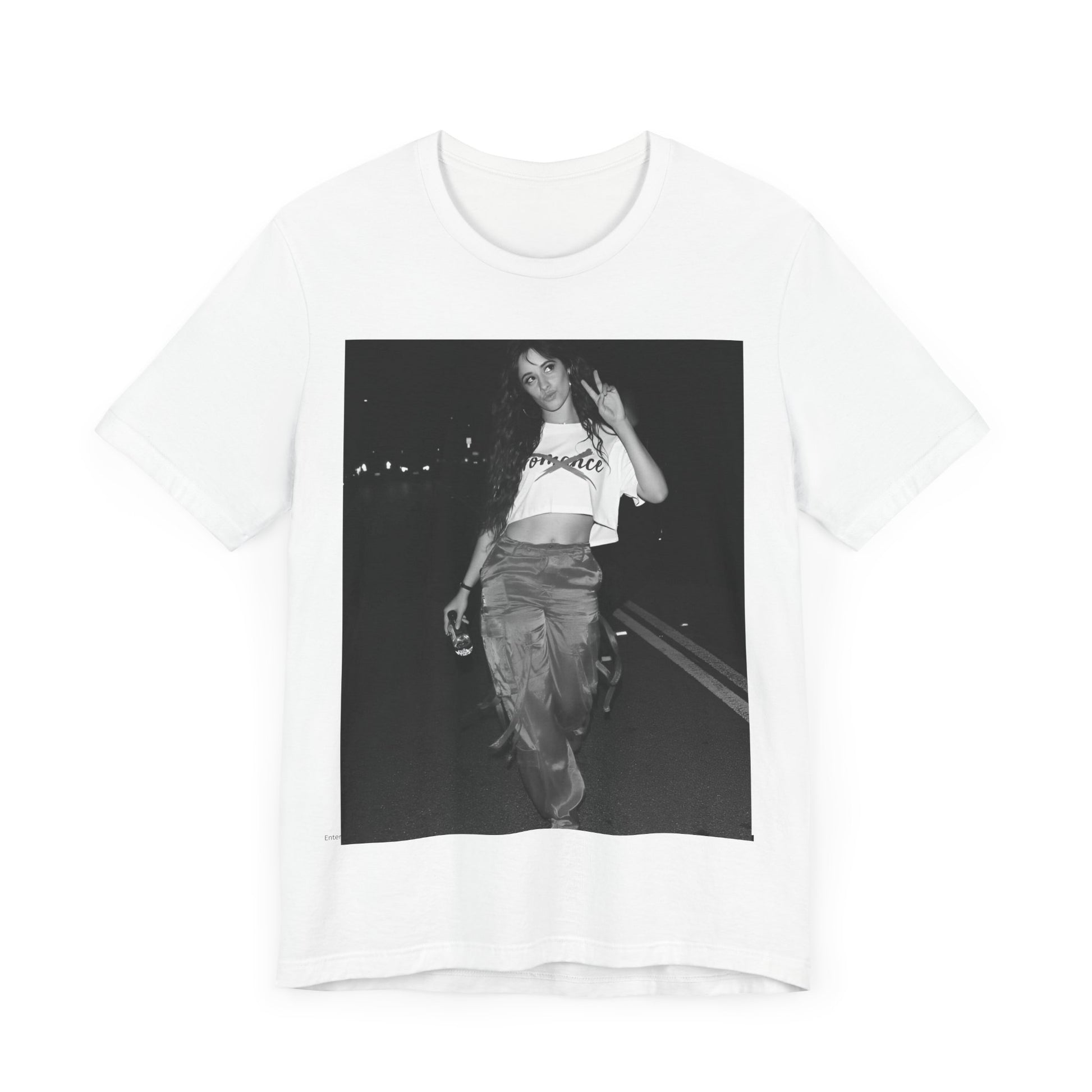 A black graphic t-shirt featuring a photo of Camila Cabello from her "Romance" album era.