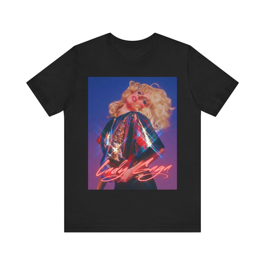 A black graphic t-shirt featuring a graphic of Lady Gaga as 'Mother Monster'.