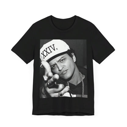 A black graphic t-shirt featuring a black and white photo of Bruno Mars, likely from his '24K Magic' (XXIV) era.