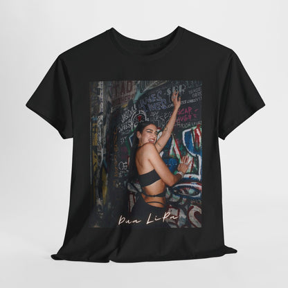 A black graphic t-shirt featuring a retro graphic inspired by Dua Lipa's "Future Nostalgia" album.