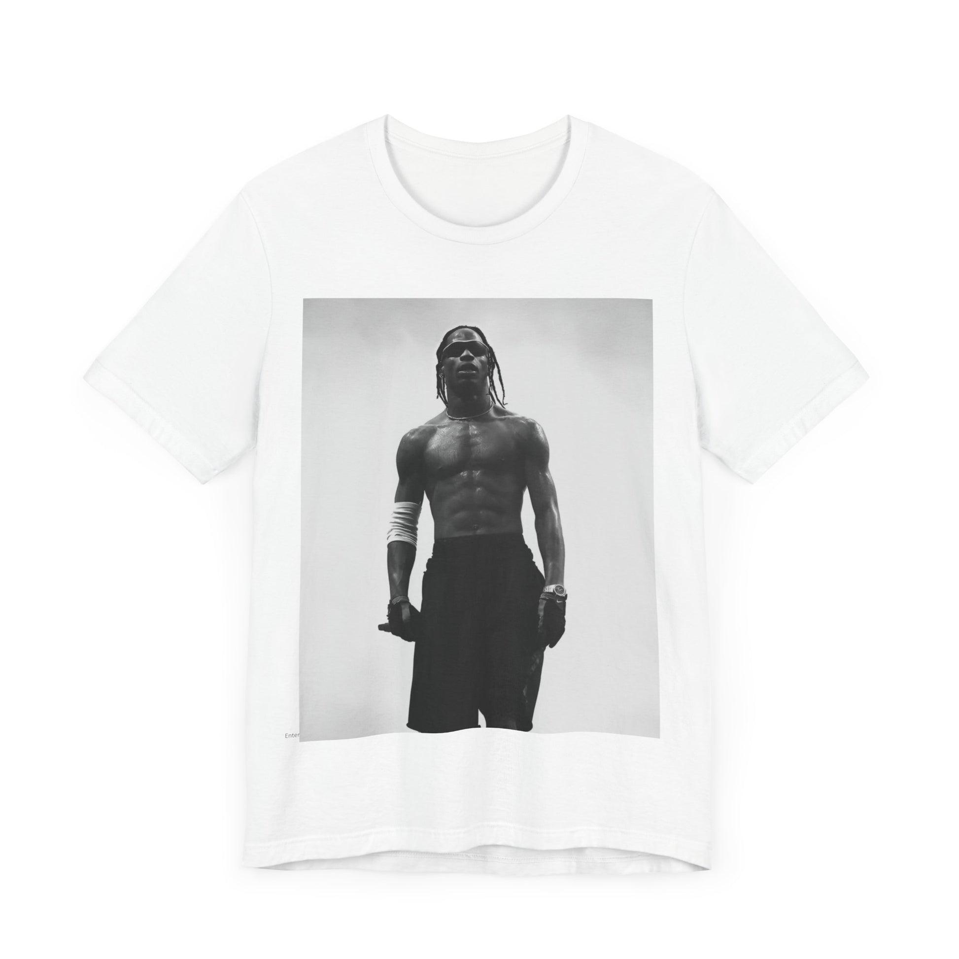 A black graphic t-shirt featuring a black and white portrait photo of Travis Scott.