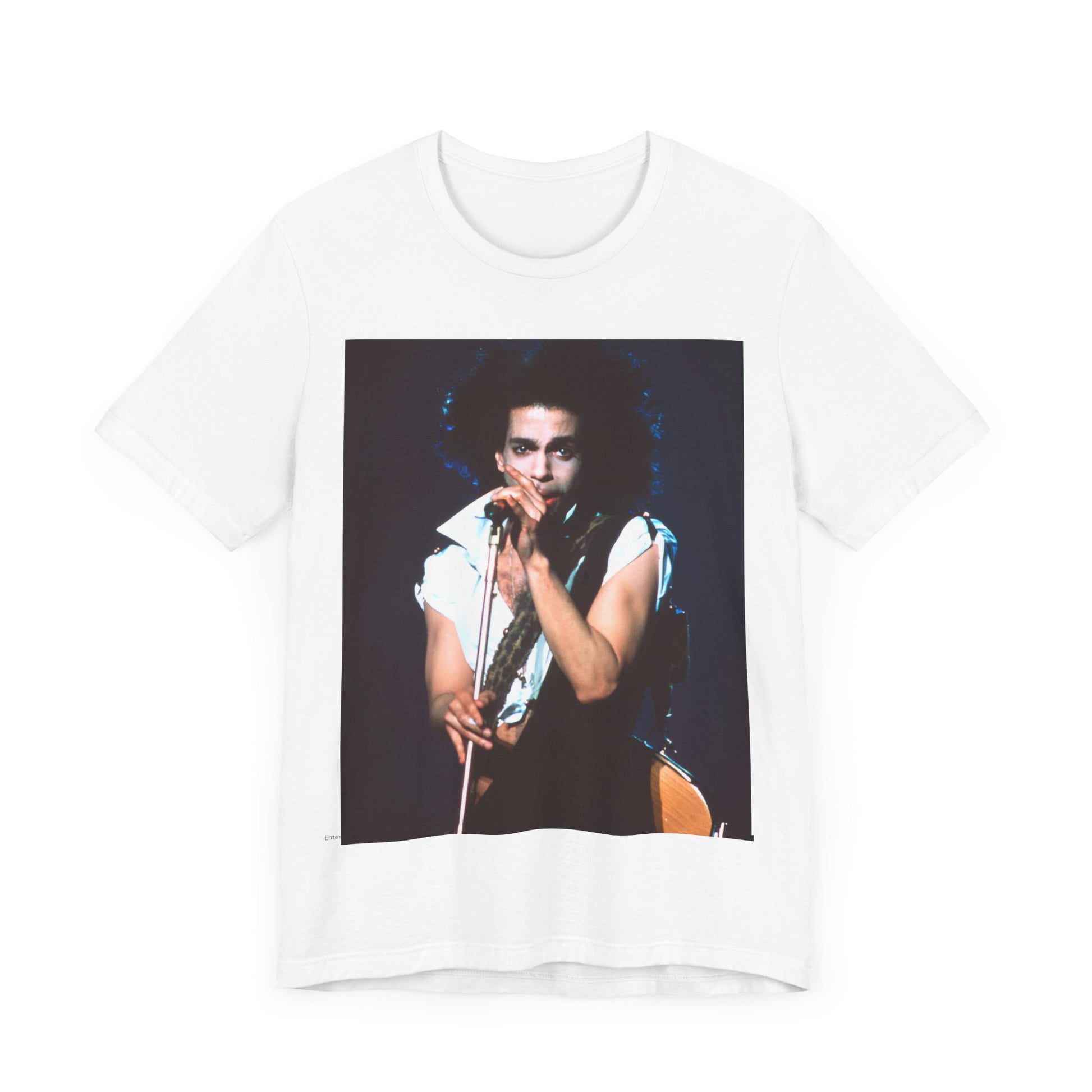 A black graphic t-shirt featuring a 90s live performance graphic of Prince.