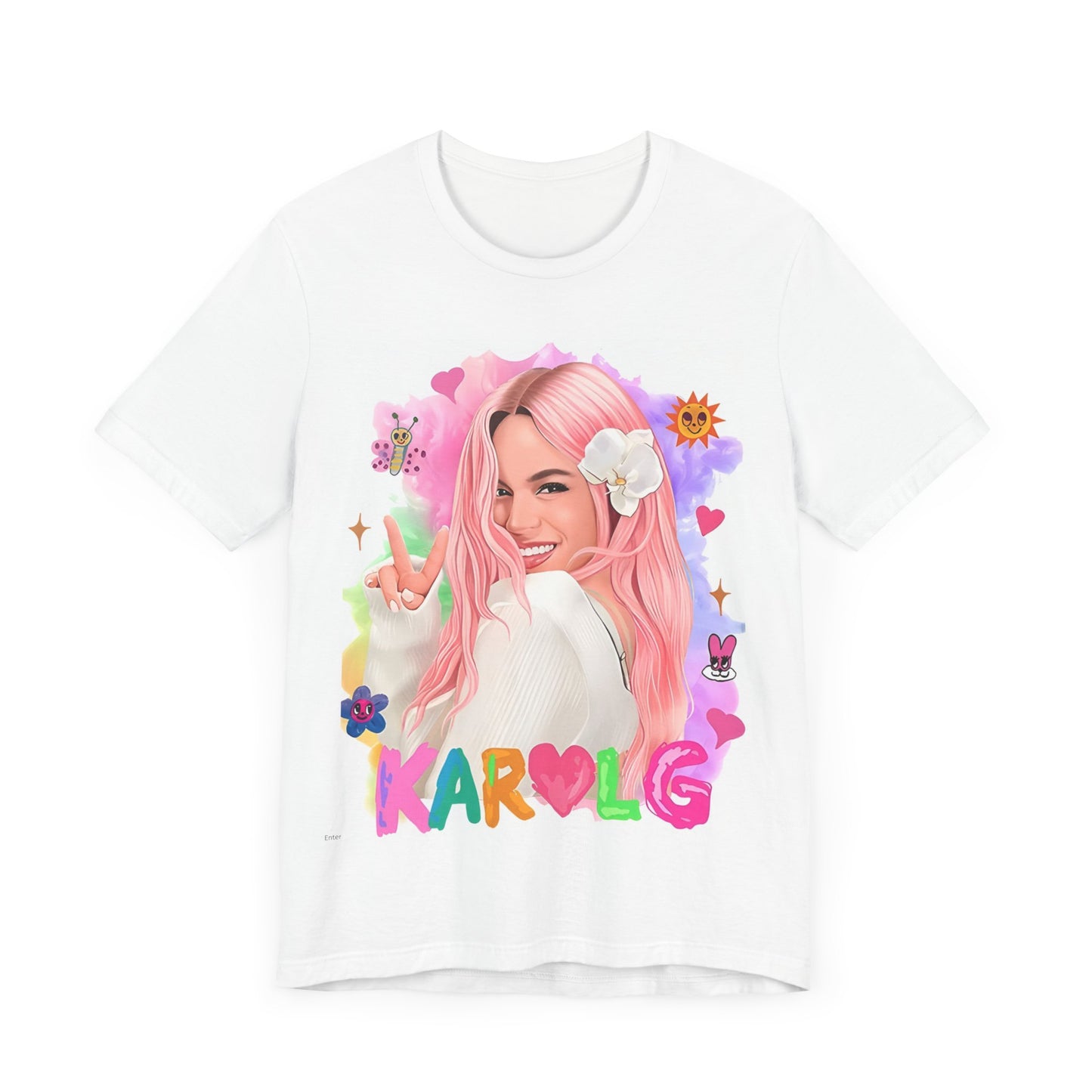 A black graphic t-shirt featuring a vintage graphic of Karol G, emphasizing her 'Bichota' persona.