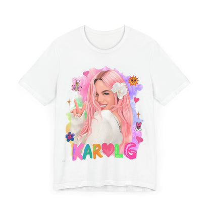 A black graphic t-shirt featuring a vintage graphic of Karol G, emphasizing her 'Bichota' persona.