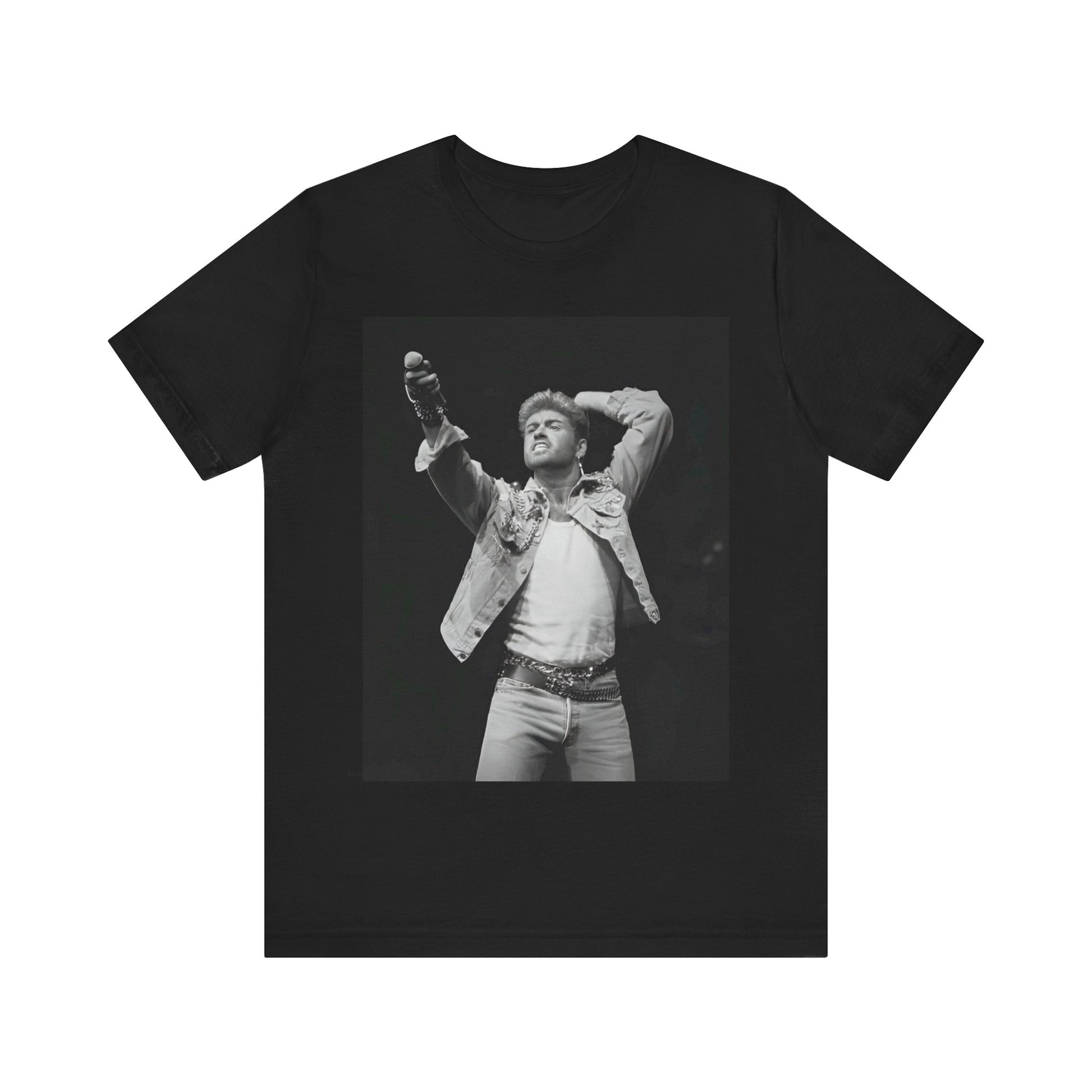 A black graphic t-shirt featuring a graphic or photo of George Michael performing live on stage.