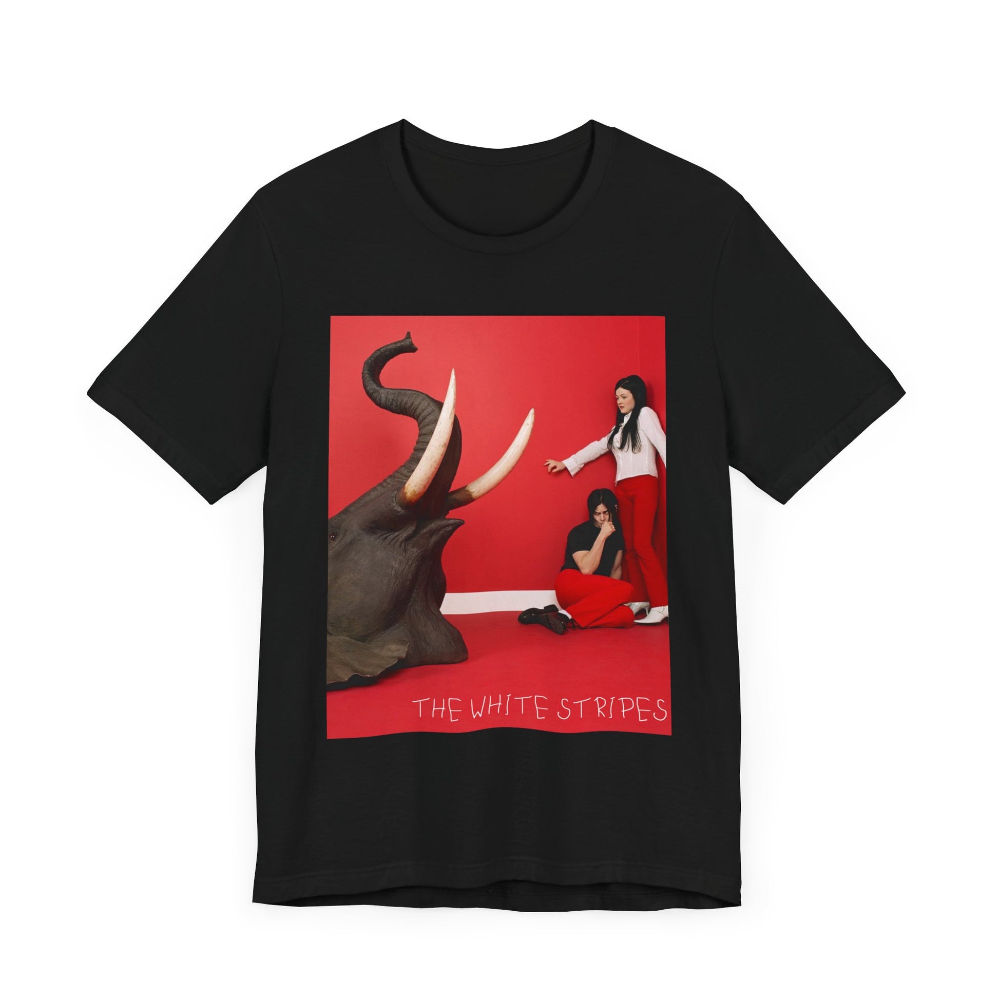 A black graphic t-shirt featuring a graphic related to The White Stripes' 'Elephant' album.
