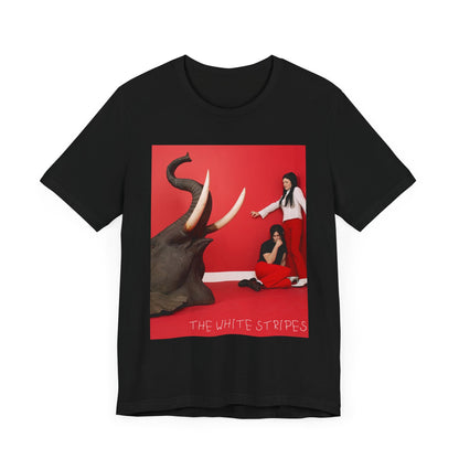 A black graphic t-shirt featuring a graphic related to The White Stripes' 'Elephant' album.