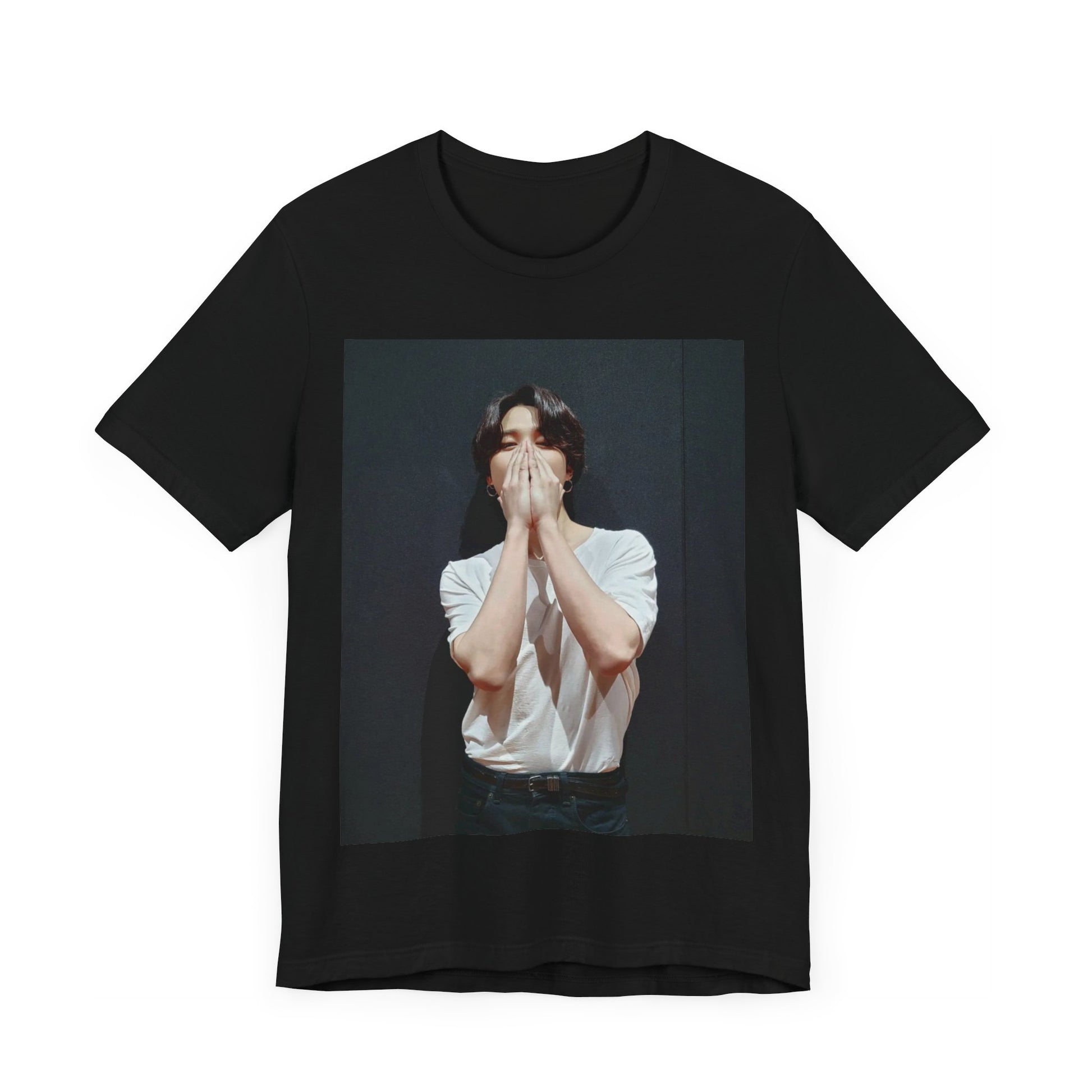 A black graphic t-shirt featuring a graphic of Jimin designed for everyday K-Pop style.