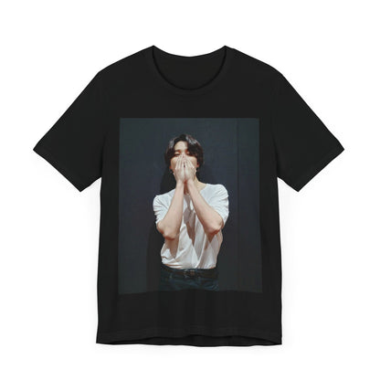 A black graphic t-shirt featuring a graphic of Jimin designed for everyday K-Pop style.