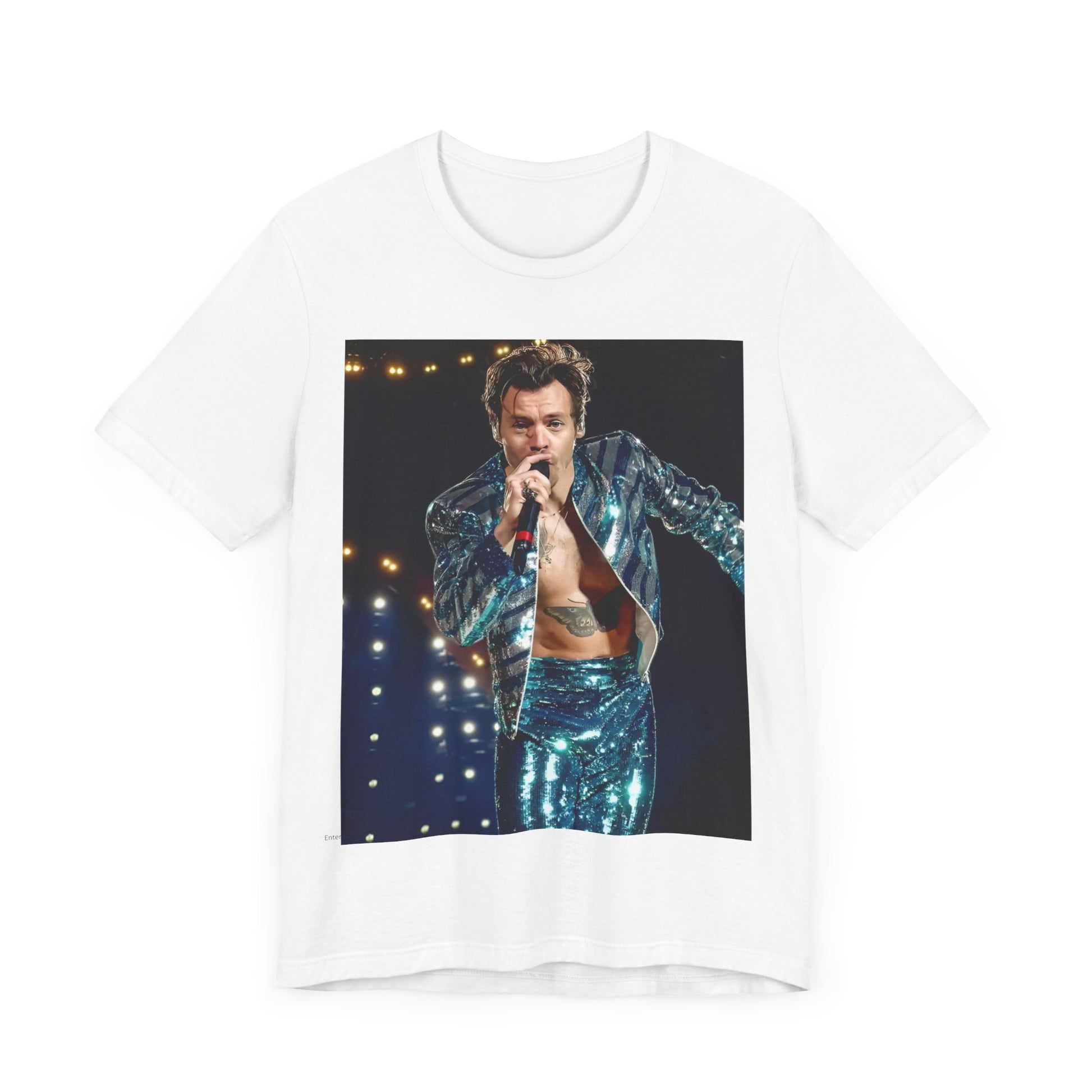 A black graphic t-shirt featuring a graphic related to Harry Styles' 'Adore You' song or era.