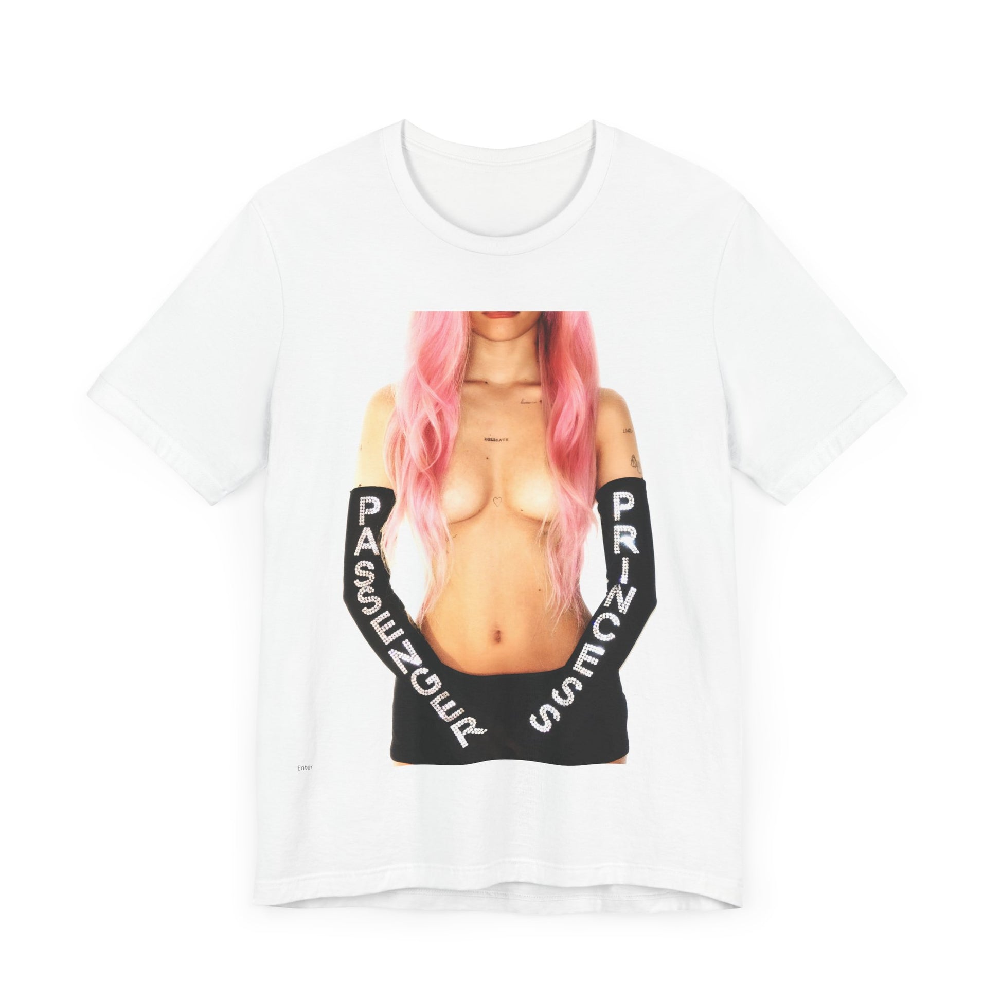 A black graphic t-shirt featuring a graphic of Nessa Barrett with a 'Passenger Princess' theme.