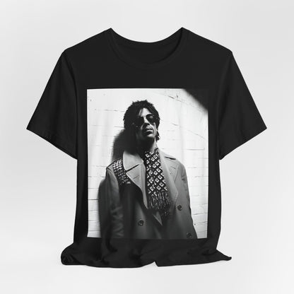 A black graphic t-shirt featuring Prince's iconic symbol, representing 'The Artist Formerly Known As'.