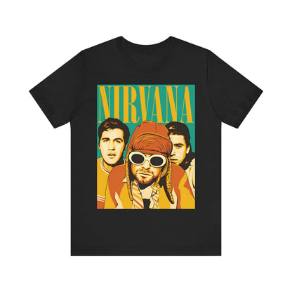 A black graphic t-shirt featuring an artistic or aesthetic pop art graphic of Nirvana.