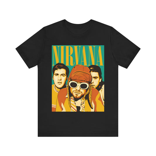 A black graphic t-shirt featuring an artistic or aesthetic pop art graphic of Nirvana.