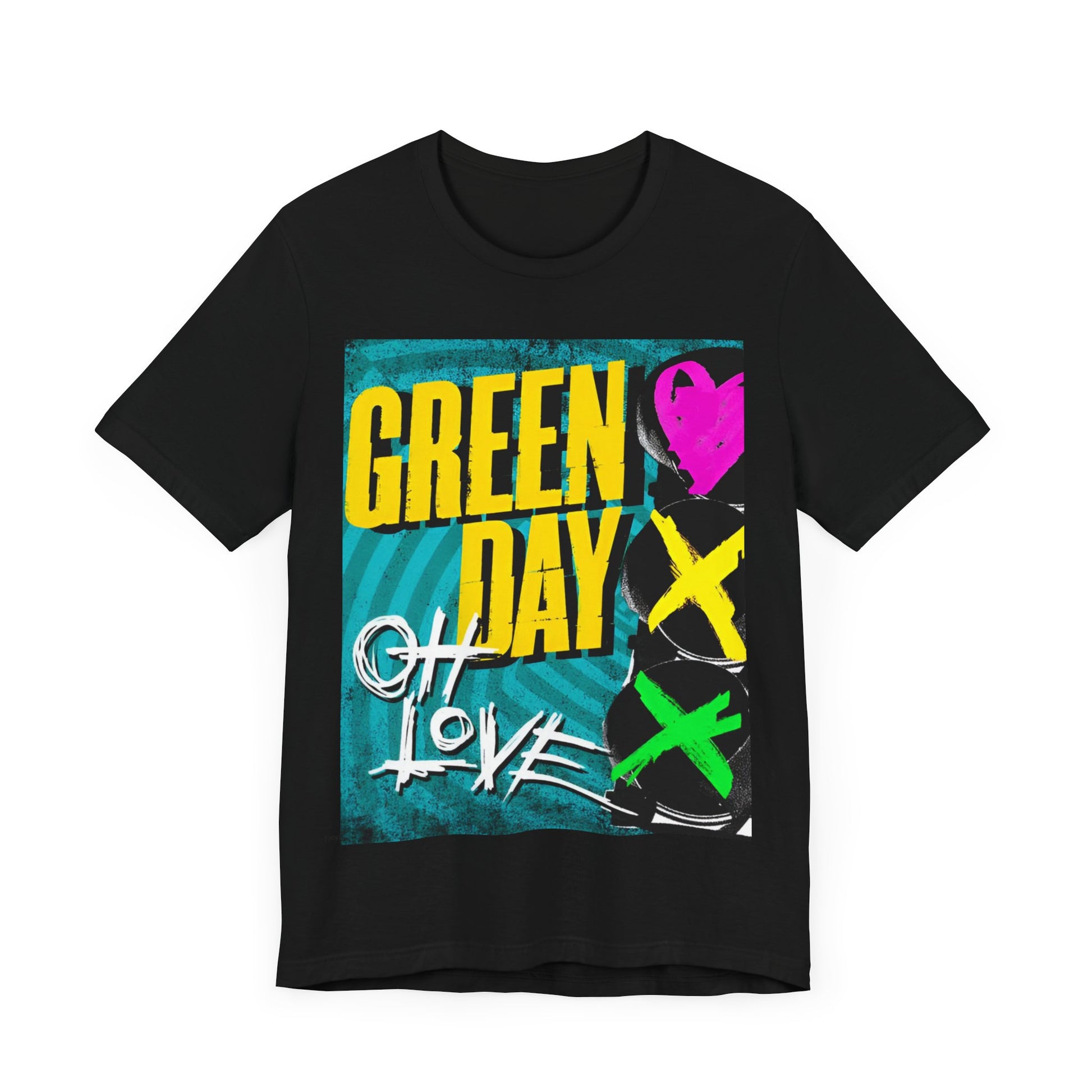 A black graphic t-shirt featuring a graphic related to Green Day's song 'Oh Love'.