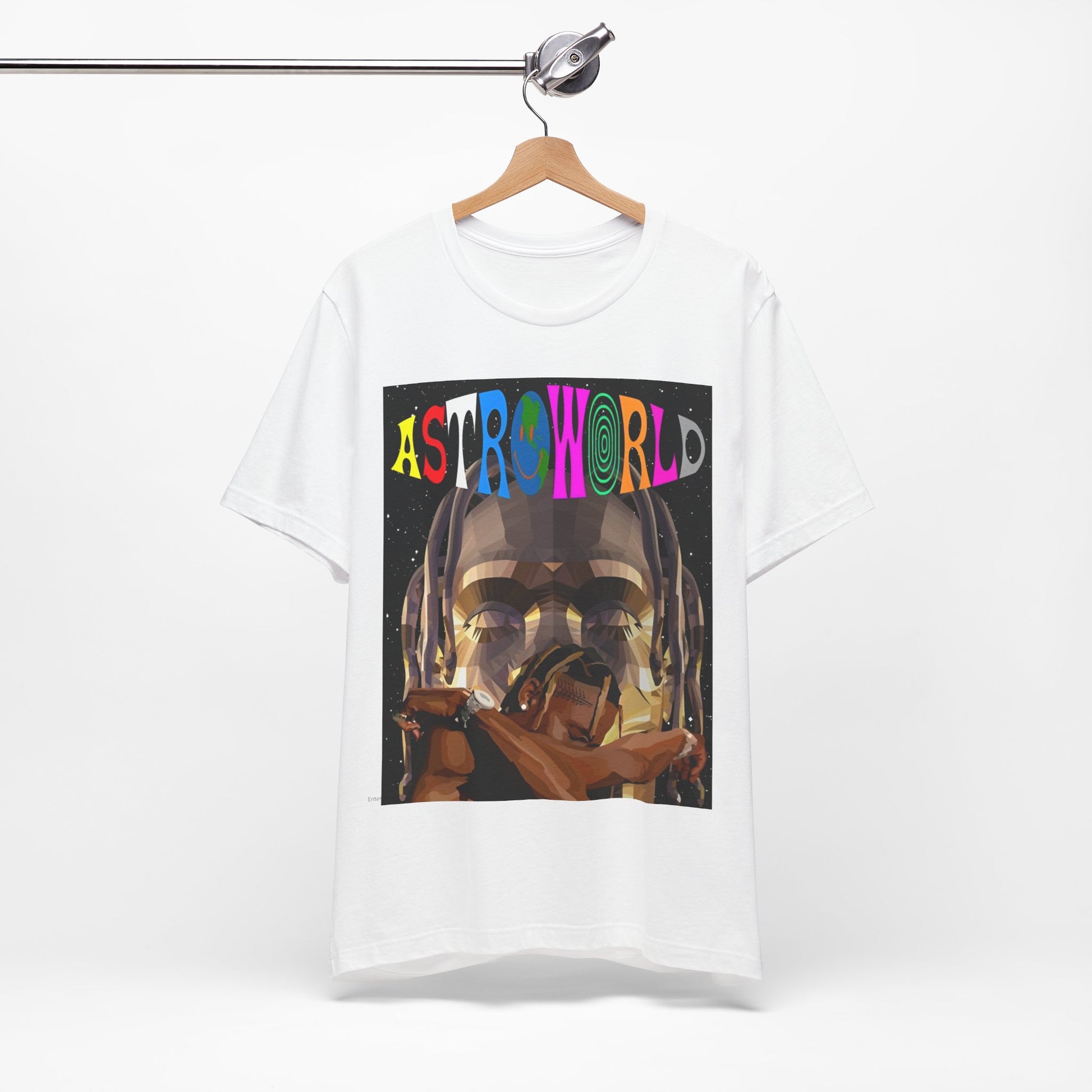 A black graphic t-shirt featuring a graphic related to Travis Scott's Astroworld album era.