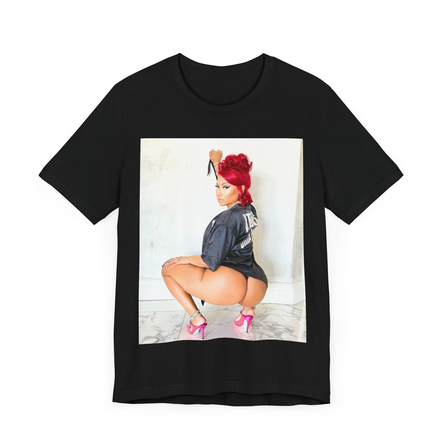 A black graphic t-shirt featuring a graphic of Nicki Minaj in an iconic power pose.