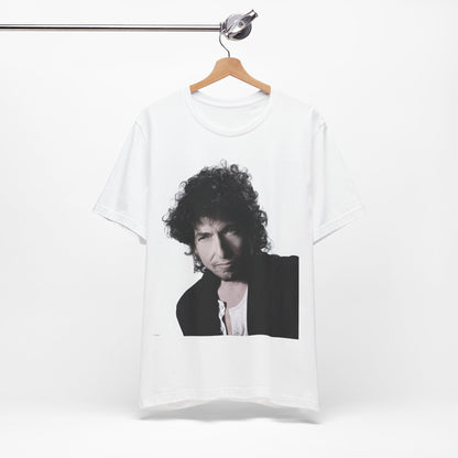 A black graphic t-shirt featuring a timeless folk rock graphic of Bob Dylan, possibly with his guitar or harmonica.