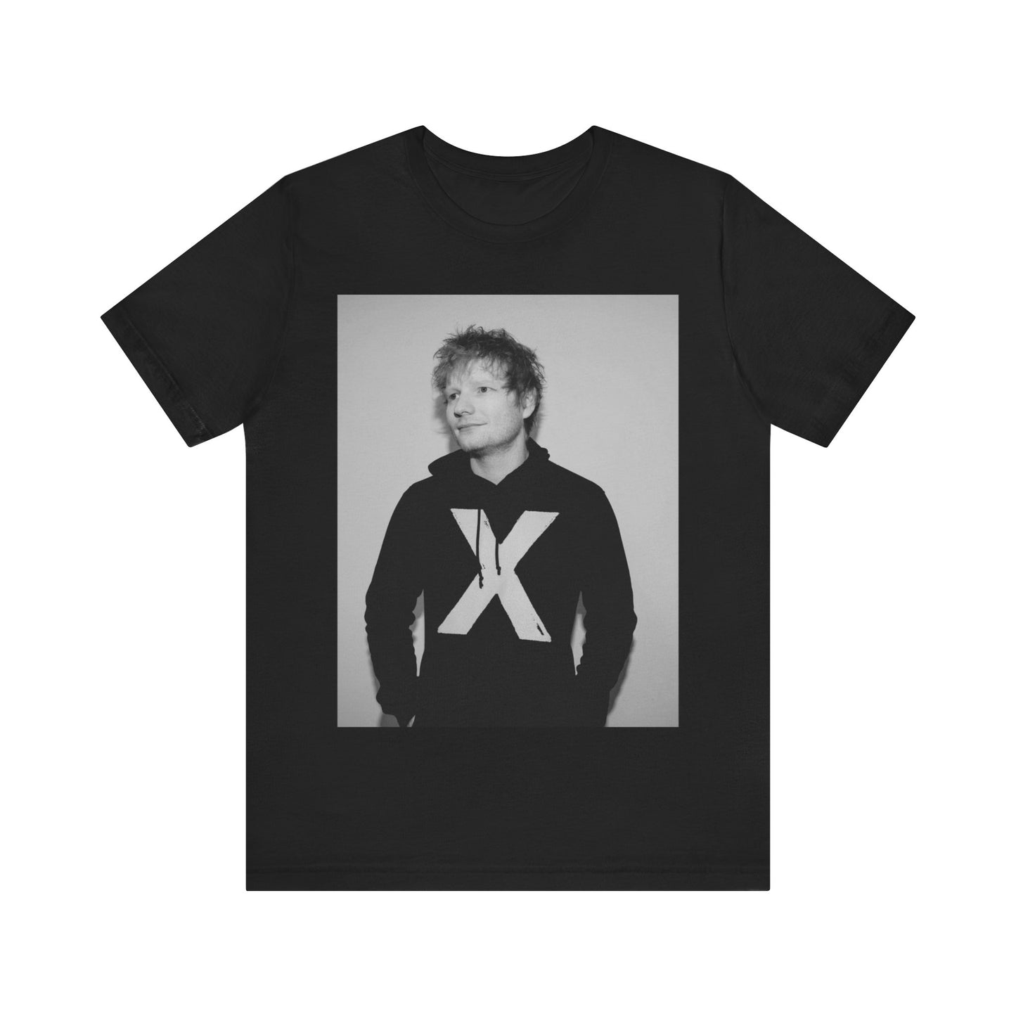 A black graphic t-shirt featuring a black and white graphic related to Ed Sheeran's album 'X'.