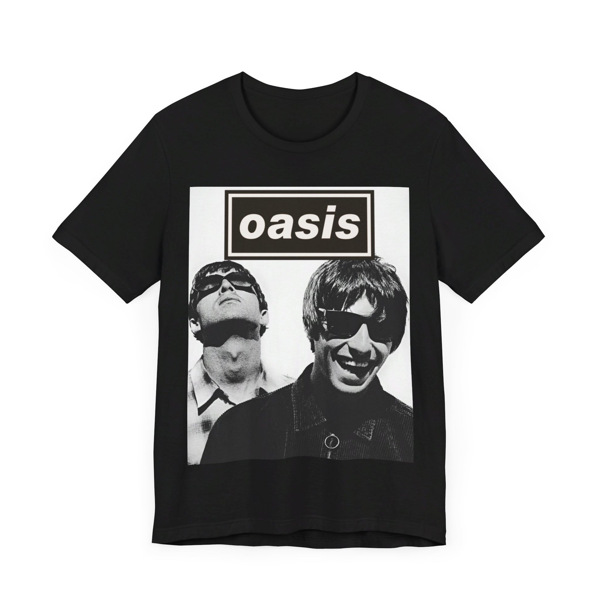 A black graphic t-shirt featuring a bold rock superstar graphic of Oasis.