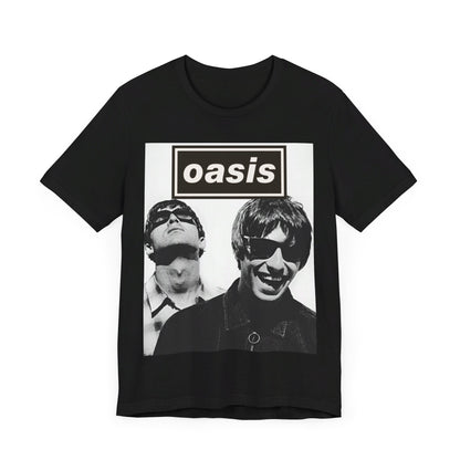 A black graphic t-shirt featuring a bold rock superstar graphic of Oasis.