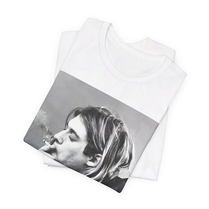 A black graphic t-shirt featuring a vintage photo of a Nirvana member with a cigarette.