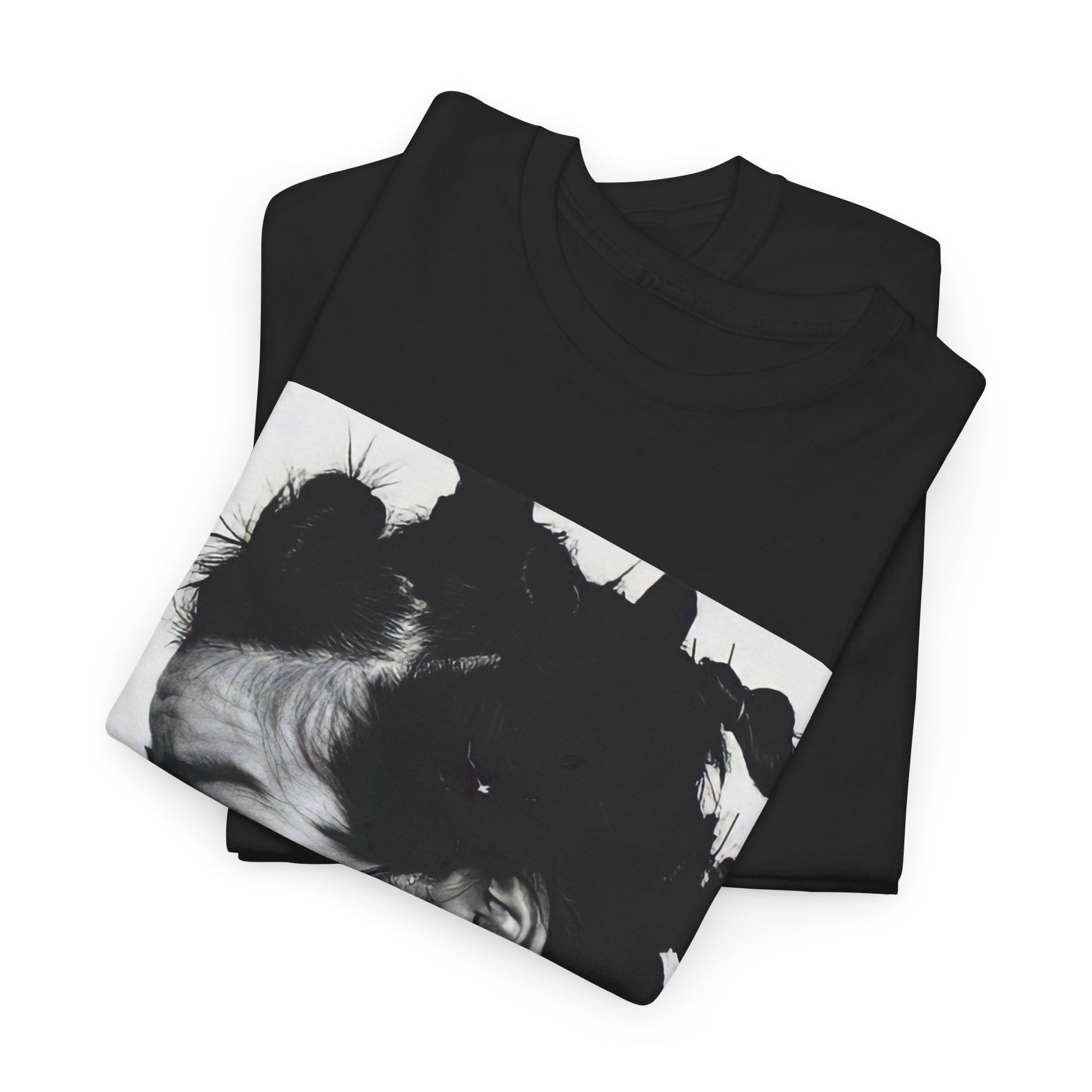 A black graphic t-shirt featuring a graphic of Bjork, designed with an indie 90s aesthetic.