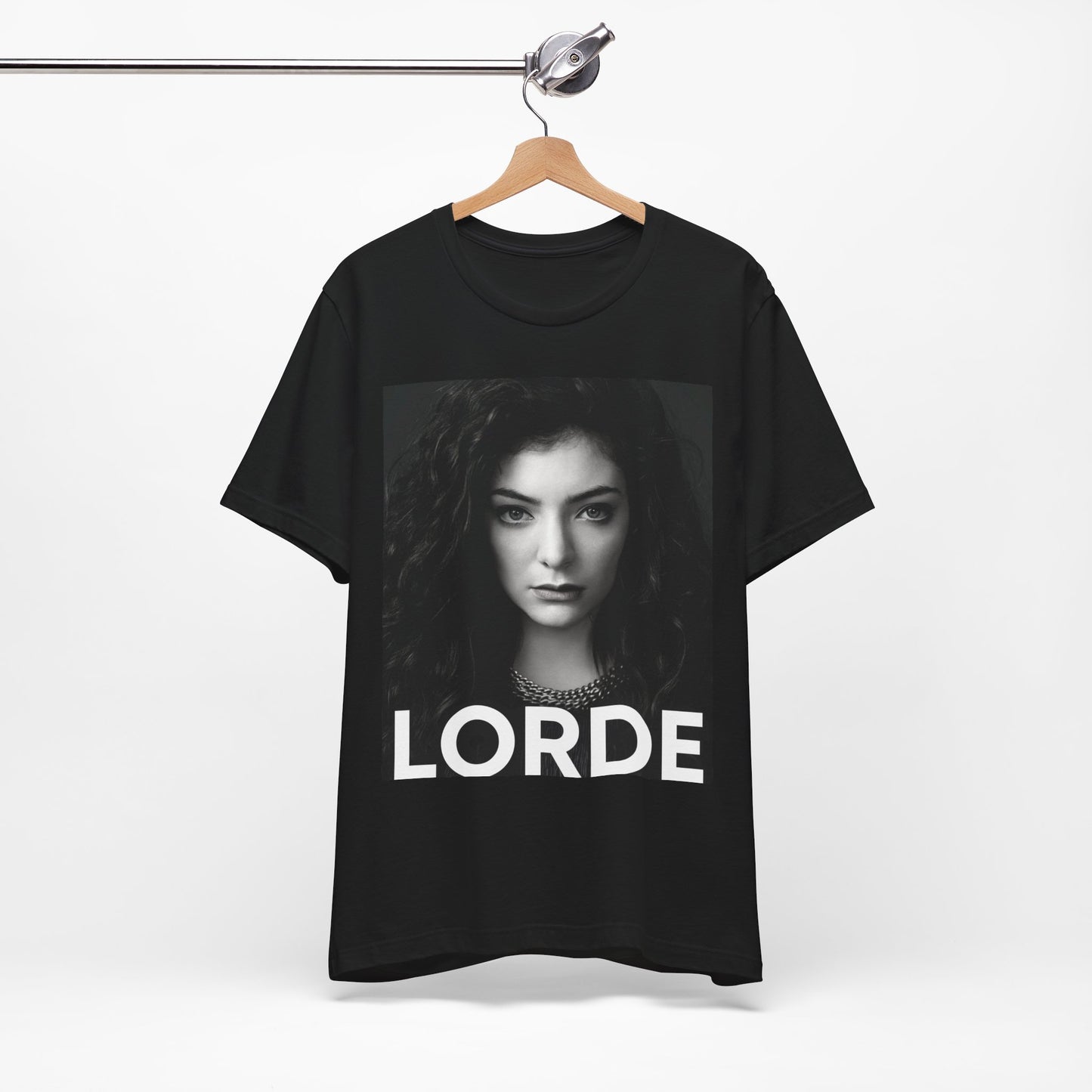 A black graphic t-shirt featuring a casual pop fan graphic of Lorde.