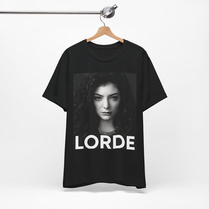 A black graphic t-shirt featuring a casual pop fan graphic of Lorde.