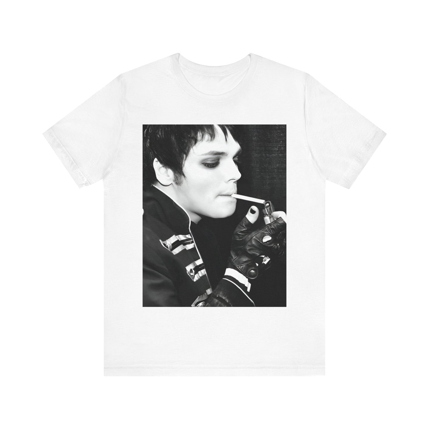 A black graphic t-shirt featuring a black and white graphic or photo of My Chemical Romance in a backstage setting.