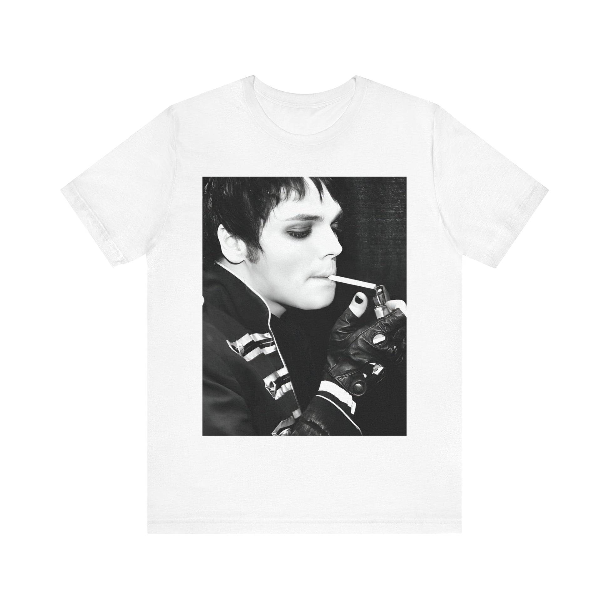 A black graphic t-shirt featuring a black and white graphic or photo of My Chemical Romance in a backstage setting.