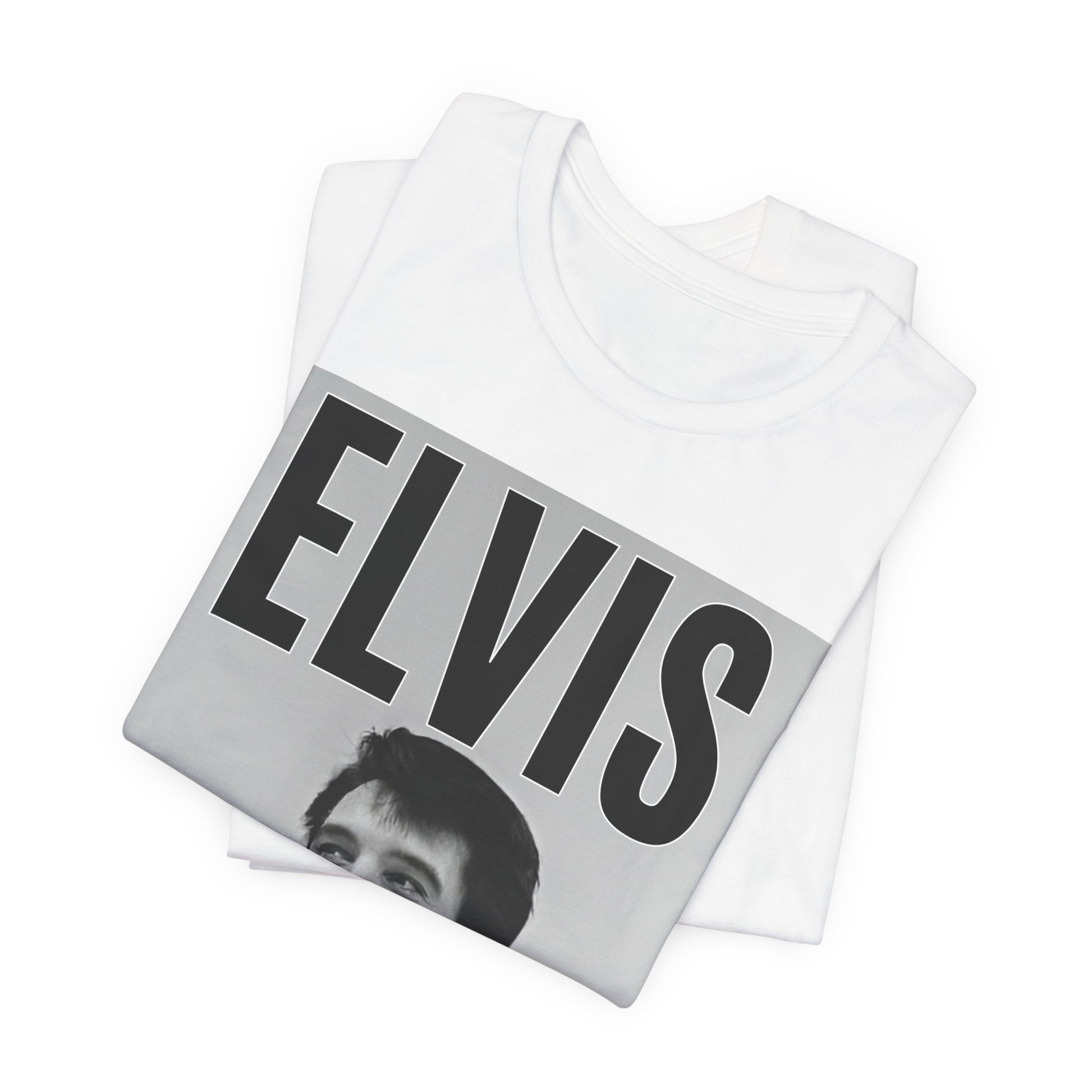 A black graphic t-shirt featuring a retro graphic of Elvis Presley as a 'Rebel With A Cause.'