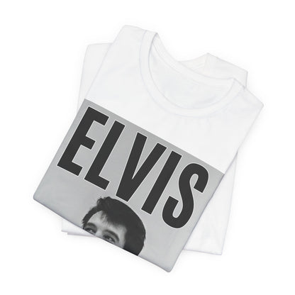 A black graphic t-shirt featuring a retro graphic of Elvis Presley as a 'Rebel With A Cause.'