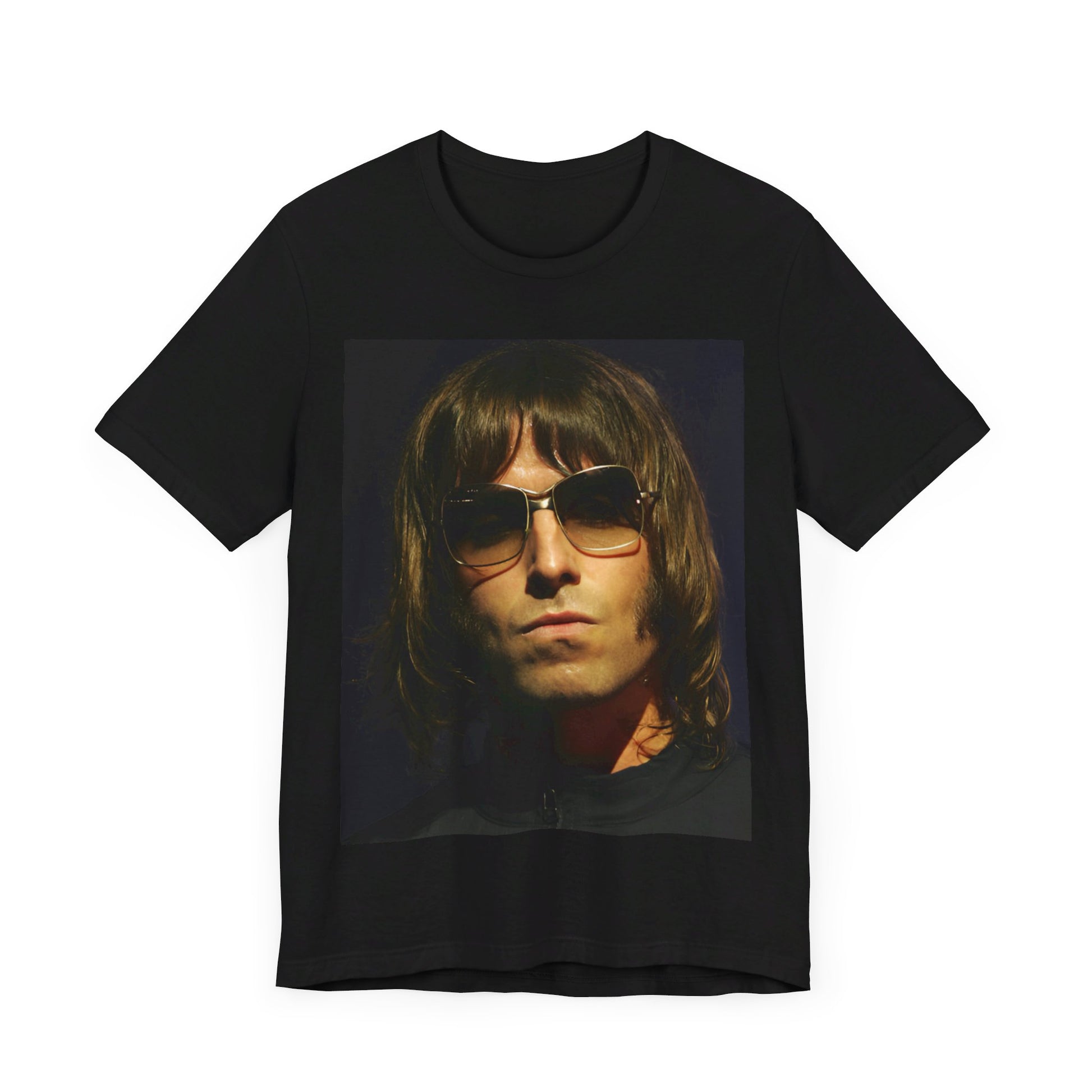 A black graphic t-shirt featuring a photo portrait of Liam Gallagher from Oasis.