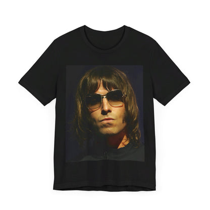 A black graphic t-shirt featuring a photo portrait of Liam Gallagher from Oasis.