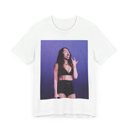 A black graphic t-shirt featuring a vintage alt pop graphic of Olivia Rodrigo.