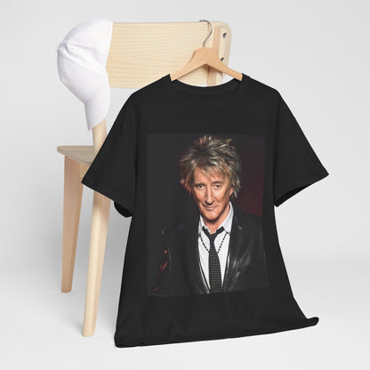 A black graphic t-shirt featuring a 90s portrait photo of Rod Stewart.