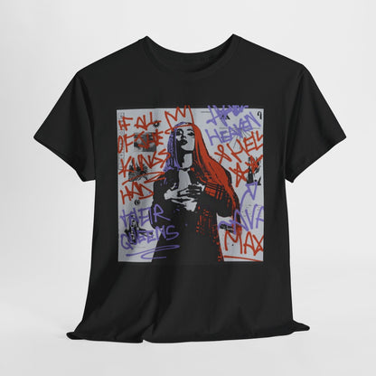 A black graphic t-shirt featuring a graffiti art style illustration of Ava Max.