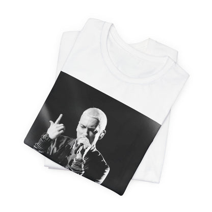 A black graphic t-shirt featuring a graphic or photo of Eminem performing live on stage.