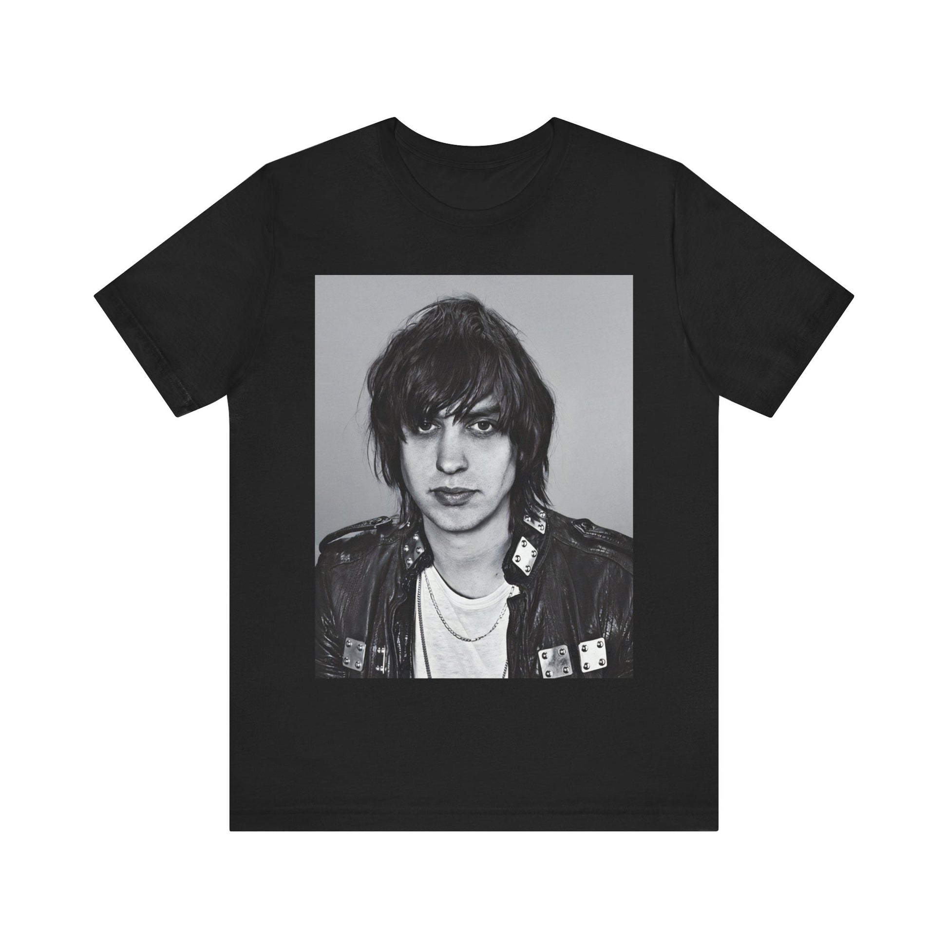 A black graphic t-shirt featuring a portrait photo of Julian Casablancas from The Strokes.