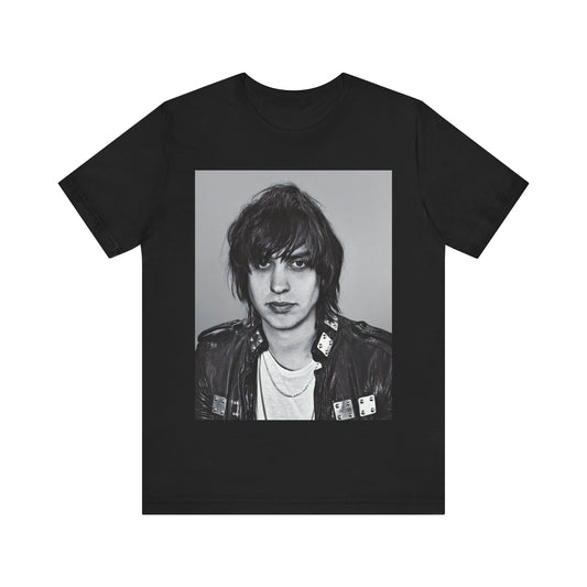 A black graphic t-shirt featuring a portrait photo of Julian Casablancas from The Strokes.