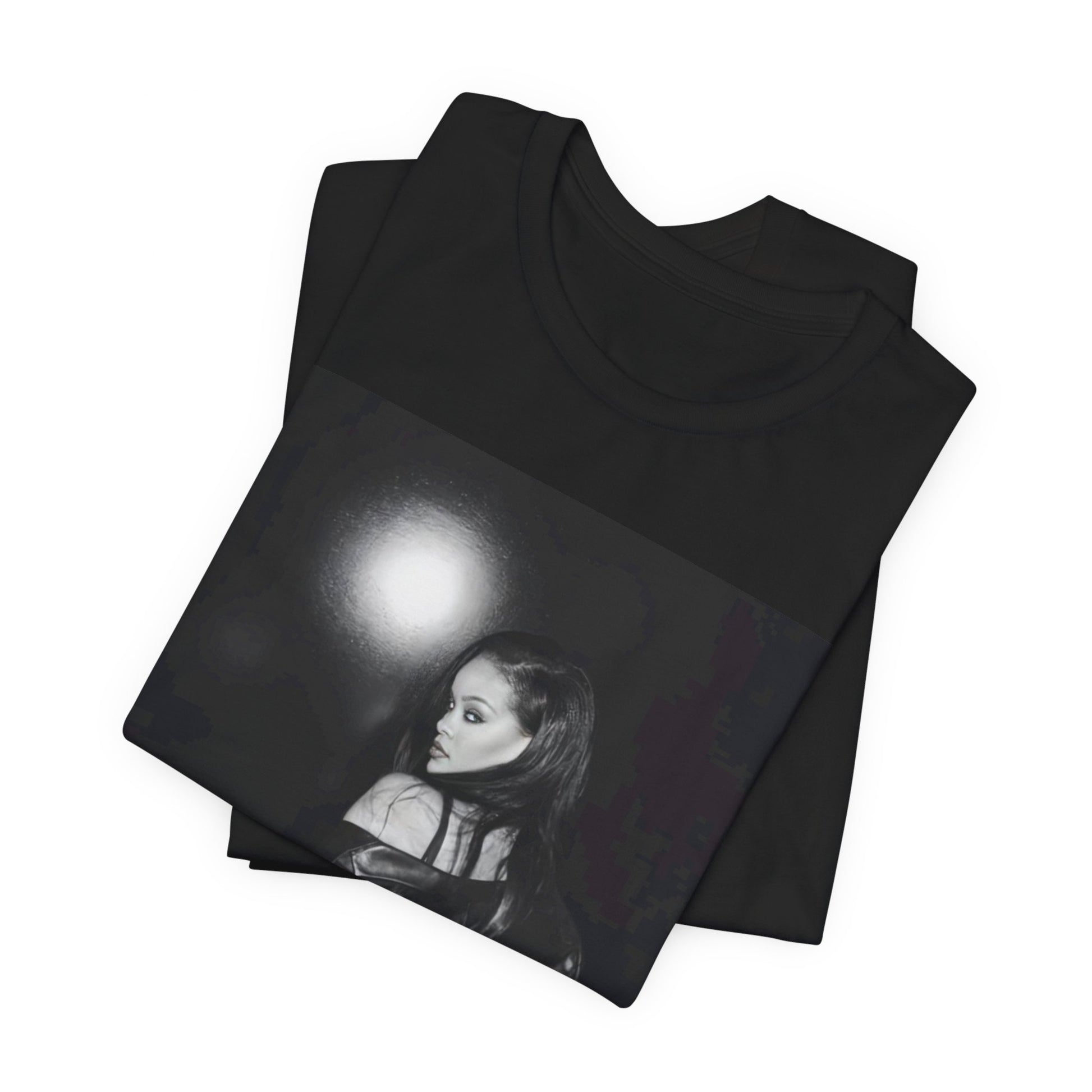 A black graphic t-shirt featuring a black and white sexy graphic of Rihanna.