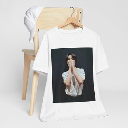 A black graphic t-shirt featuring a graphic of Jimin designed for everyday K-Pop style.