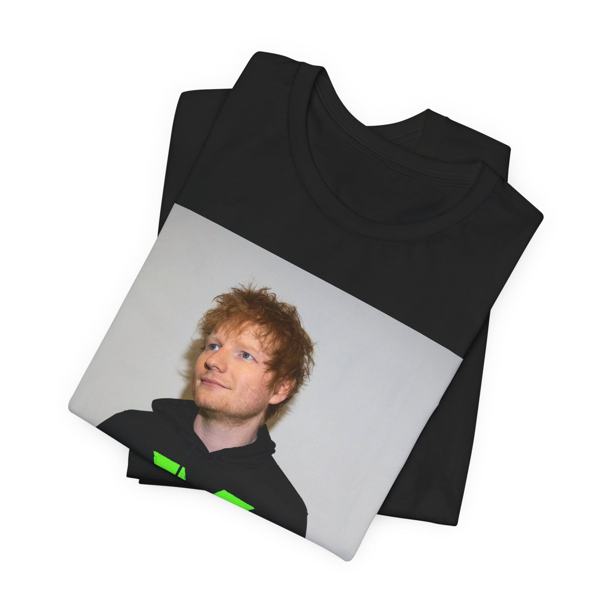 A black graphic t-shirt featuring an aesthetic graphic of Ed Sheeran related to his album 'X'.