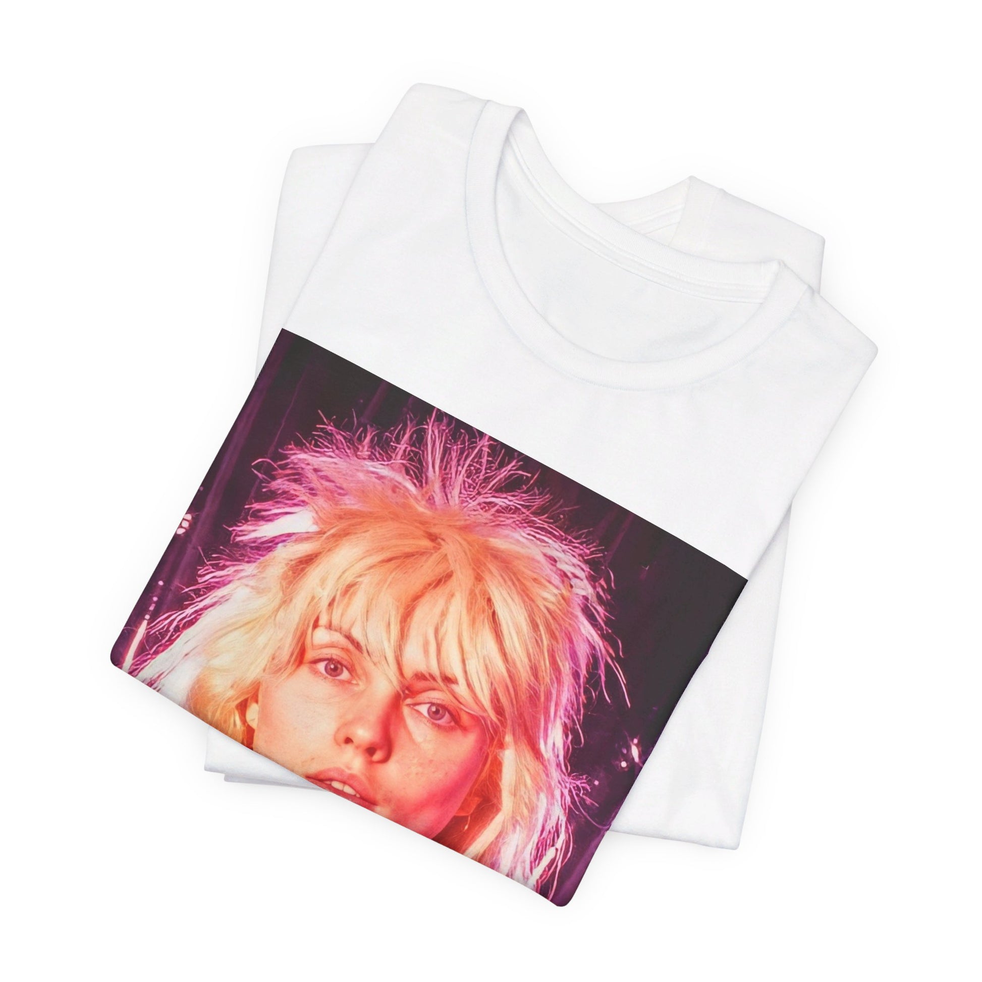 A black graphic t-shirt featuring a neon-style graphic of Blondie with a punk attitude.