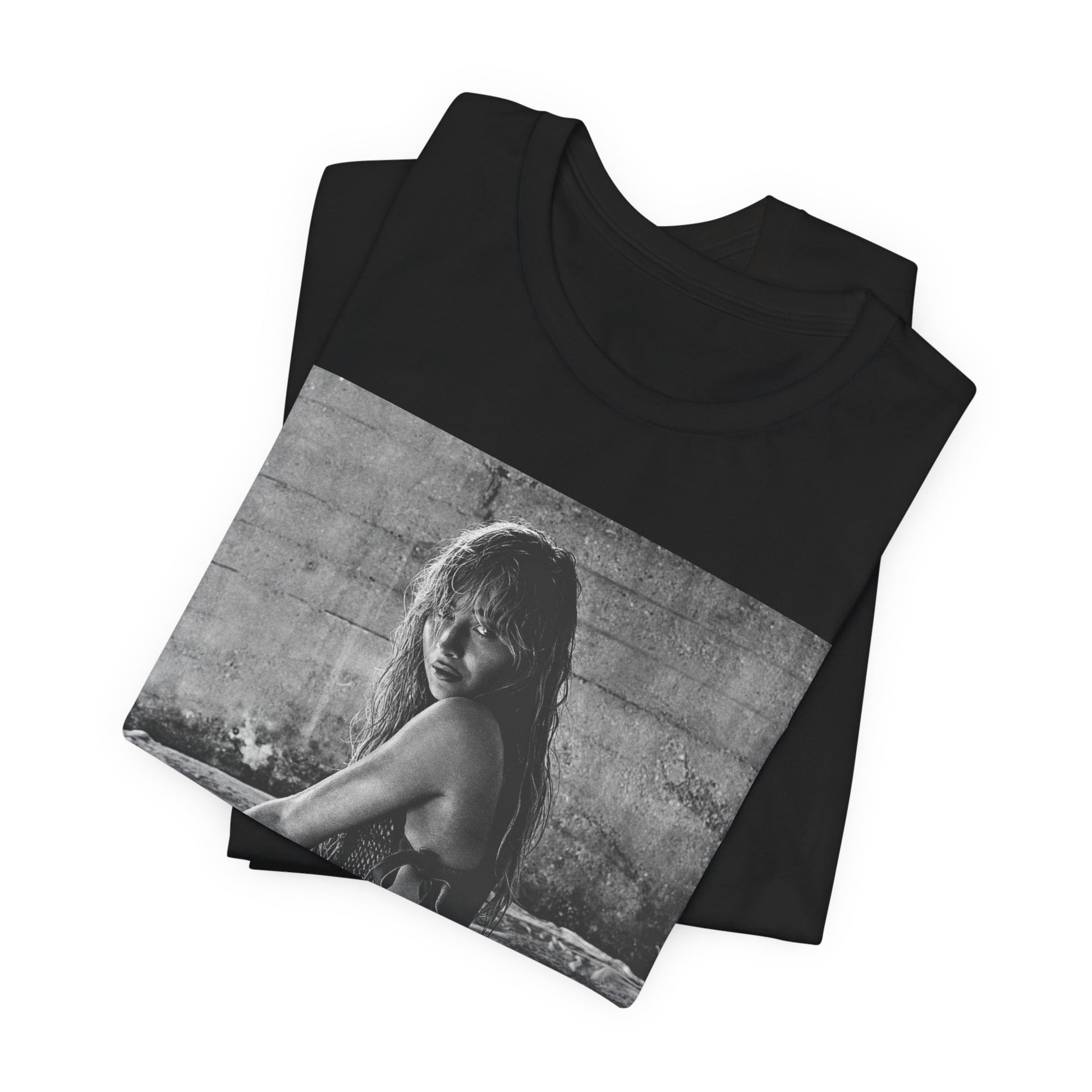 A black graphic t-shirt featuring a black and white, monochrome graphic or photo of Sabrina Carpenter.