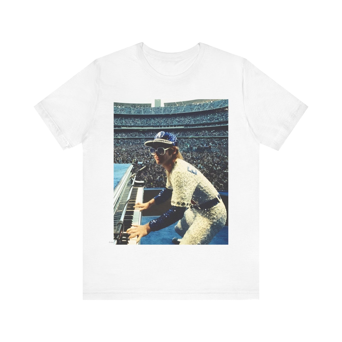 A black graphic t-shirt featuring a photo of Elton John from his 1975 Dodgers Stadium concert.