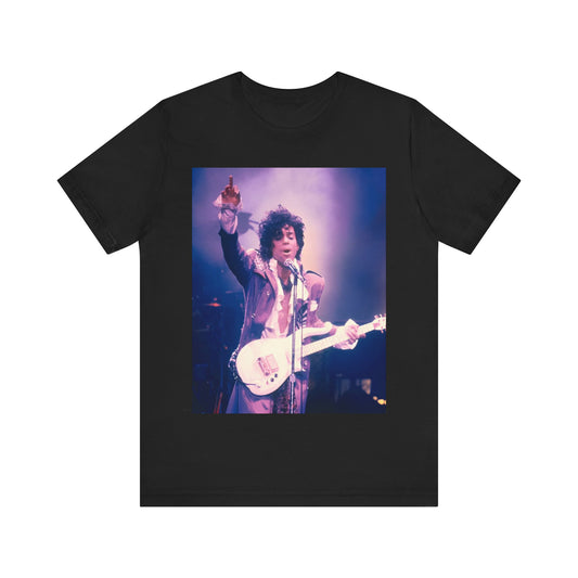 A black graphic t-shirt featuring a boxy graphic with a 'Purple Rain' vibe related to Prince.