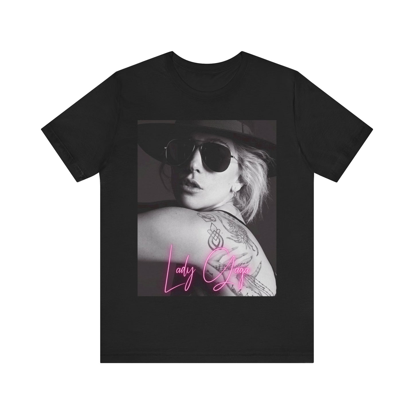 A black graphic t-shirt featuring a fierce graphic related to Lady Gaga's 'Bad Romance' song or era.